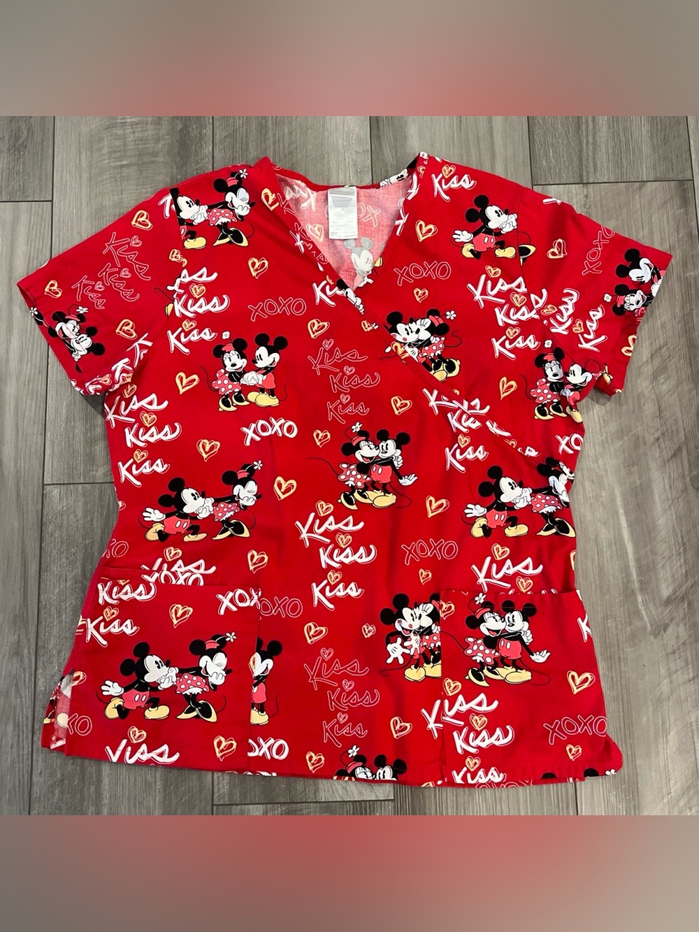Disney Red Mickey & Minnie Mouse Short Sleeve Scrub Top